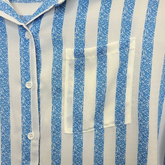 Womens Blue White Striped Print Batwing Sleeve Pocket Blouse Top S - Picture 9 of 11